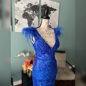 NWT cobalt blue Portia & Scarlett sparkly feather evening gown